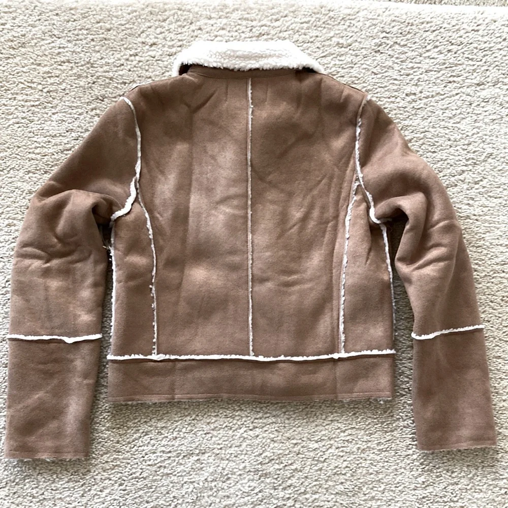 Faux Suede Sherpa Lined Short Moto Style Jacket - Picture 8 of 11